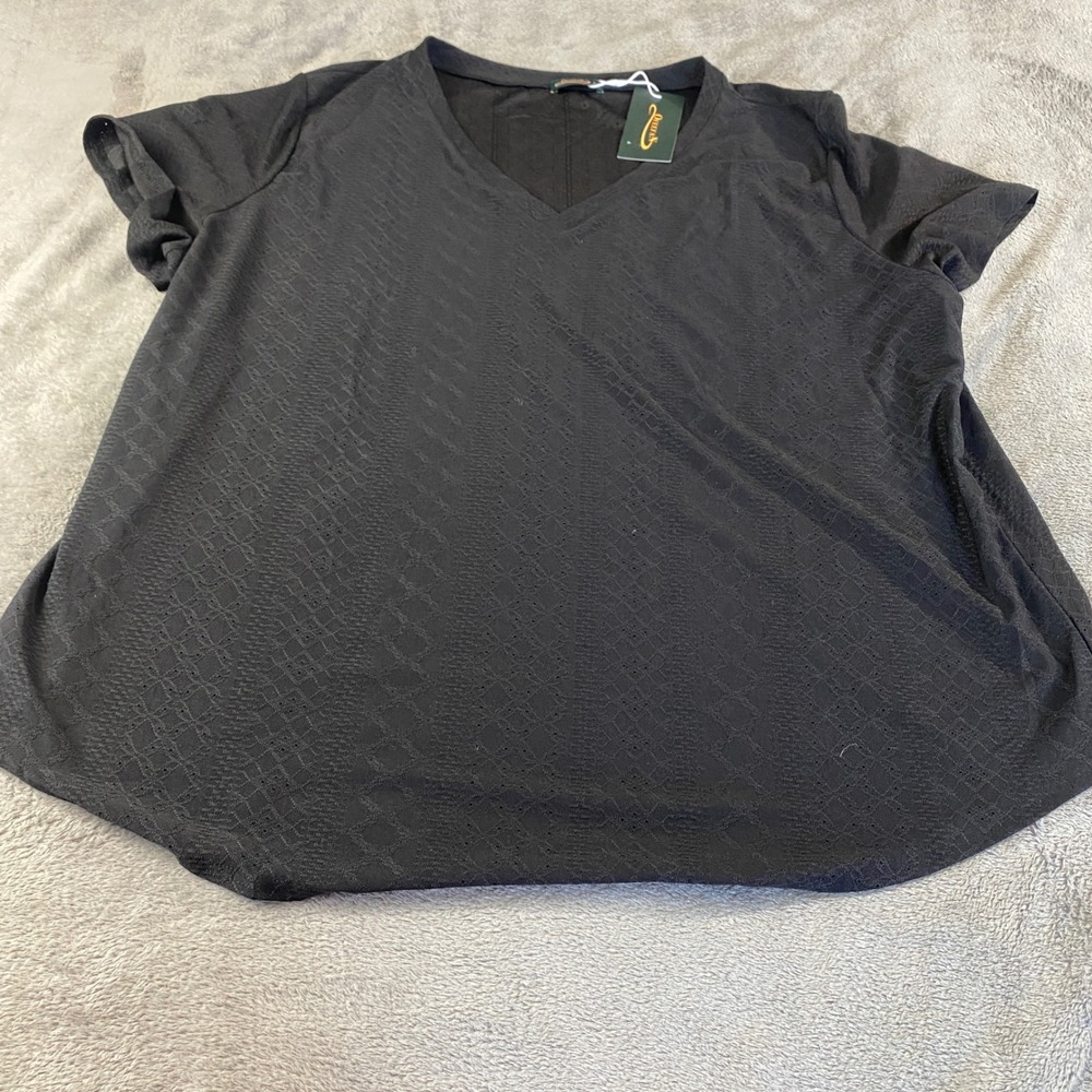 Ofeefan Top Womens 3XL Black V-Neck Short Sleeve Pointelle Diamond Textured Knit